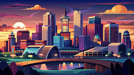 Fototapeta premium Very beautiful dusk view of the Tulsa skyline, where twilight hues blend with glowing city lights to highlight modern architecture and the vibrant urban landscape, capturing the evolving spirit and co