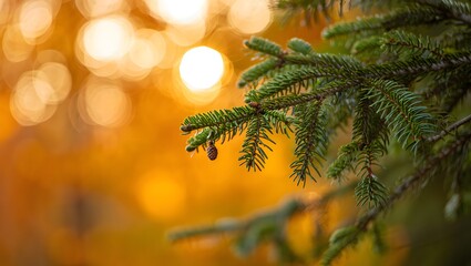 Close-up of vibrant evergreen fir branches and warm sunlight in a forest scene