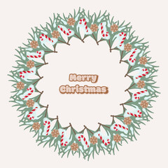 Christmas wreath made of green pine branches decorated with red and white candy canes and gingerbread snowflake. Centered Merry Christmas. Festive vector design for seasonal greetings or decor