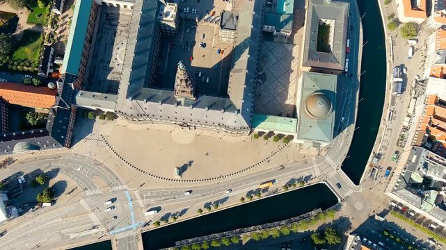 Copenhagen, Denmark. Christiansborg (Danish Christiansborg Slot) is  Danish royal palace since 1740. The building of Danish parliament Folketing. Located in old part of Copenhagen. Drone footage, Poin