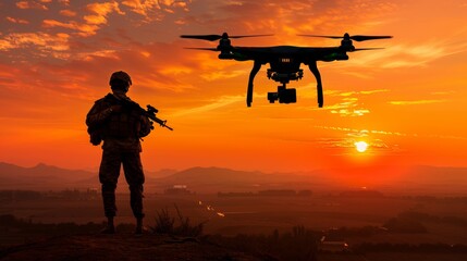 Obraz premium Silhouette of a soldier at sunset operating a modern combat drone for field surveillance mission