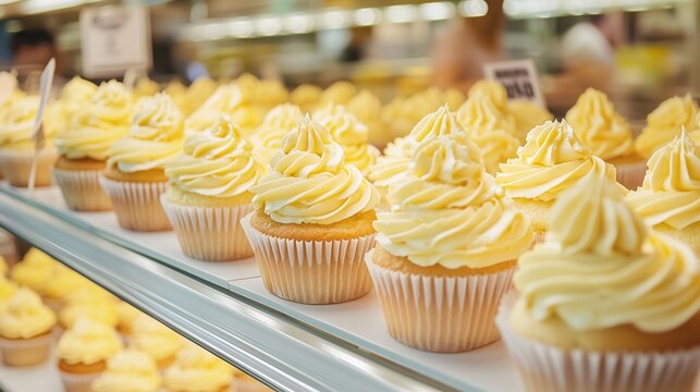 Bakery display case in upscale grocery store, multiple rows of fresh lemon cupcakes with yellow buttercream frosting arranged on white serving trays, price tags visible - Powered by Adobe