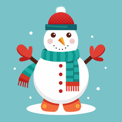 A cheerful cartoon snowman with a red hat and scarf stands against a light blue background, radiating winter joy and holiday spirit isolated on