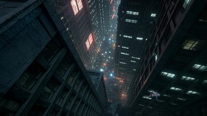 Cyborg woman jumping from wet rooftop in rainy neon cyberpunk city - Powered by Adobe