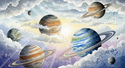 Vibrant Planets and Swirling Clouds in a Cosmic Dreamscape.