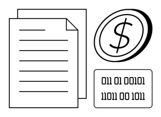 Paper documents with text lines, coin with dollar sign, binary code block. Ideal for finance, coding, documentation, banking, technology data analysis and digital economy concepts. Simple flat