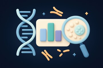 Advanced molecular analysis showcasing DNA helix alongside cellular data visualization and chromosome representation expressing the essence of biological discovery