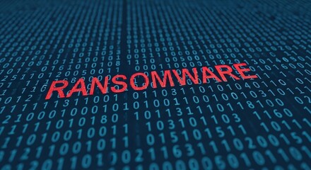 A digital display of ransomware with red text on a blue binary code background, representing the threat of cybercrime and data security breaches