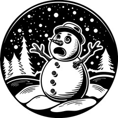 A startled snowman stands amidst a snowy landscape, his eyes wide with surprise as snowflakes fall around him, creating a whimsical and humorous winter scene in black and white