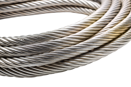 Wire rope, thick metallic steel coiled and twisted with visible strands, cutout, PNG isolated on white or transparent background