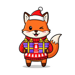 Cute cartoon fox wearing a Christmas sweater and Santa hat holding gifts.