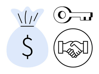 Financial security. Money bag, key, and handshake trust and economic safety. Financial security for banking, investments, partnerships, and economic stability. Ideal for finance consulting