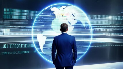 A businessman in a suit observing a futuristic holographic globe with data projections in a modern setting. 4k Video footage. - Powered by Adobe