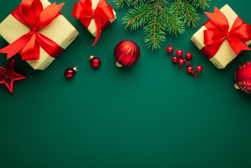 Merry Christmas and Happy Holidays greeting card, frame, banner. New Year. Red Christmas ornaments and gifts, presents on green background top view. Xmas holiday festive theme. Christmas decoration