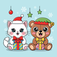 Festive Friends - A Christmas Cat and Bear with Gifts.