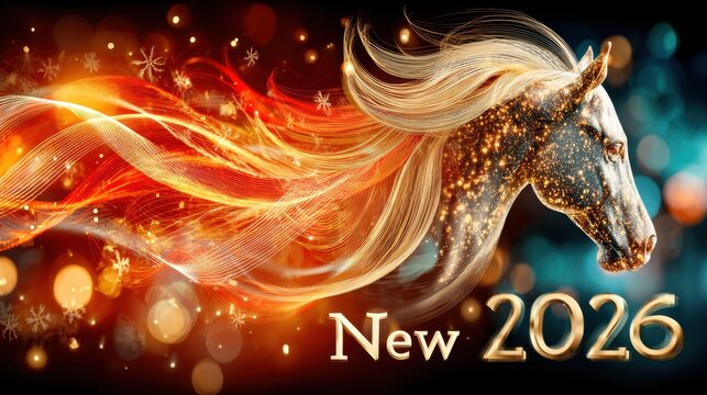 Abstract sparkling horse head with fiery flowing mane and New 2026 text glows against a bokeh background with snowflakes, symbolizing a bright dynamic New Year celebration.