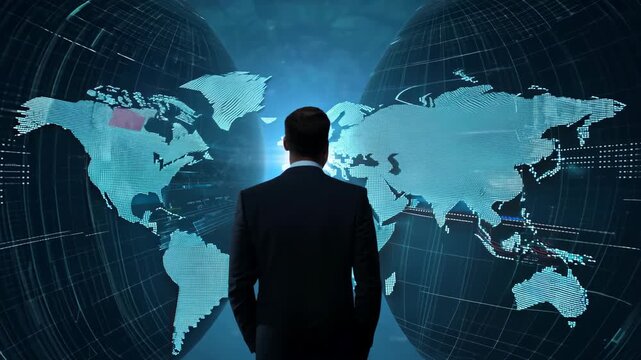A businessman standing in front of a large digital map with global connections and data flows in a high-tech space. 4k Video footage. - Powered by Adobe
