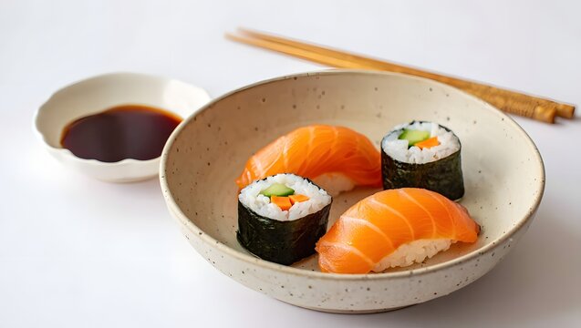 A mouth-watering close-up of sushi with chopsticks and soy sauce. The sushi is artfully arranged