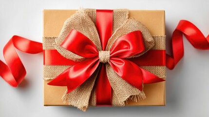 Stylish gift box wrapped in kraft paper with a wide red satin bow and jute ribbon on a light background, perfect for holiday, birthday or shopping promotions.