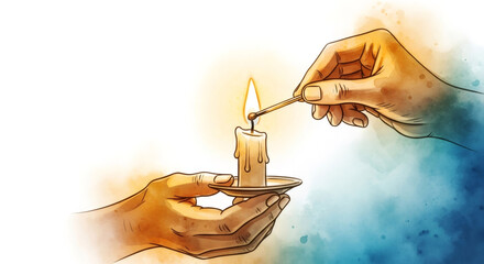 Hand lighting a candle with a match for Hanukkah celebration. Religious holiday tradition