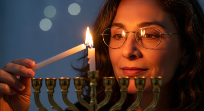 Woman lighting a Hanukkah menorah, celebrating the Festival of Lights. Jewish holiday tradition and religious observance in a close-up setting.