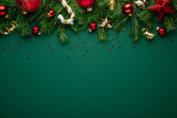 Christmas background with xmas tree, Christmas red golden decoration and sparkle bokeh lights on...