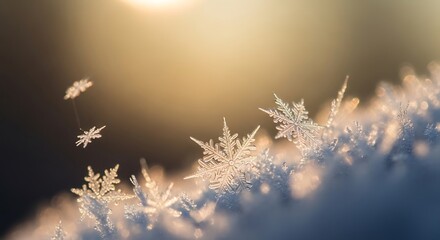 Macro shot of delicate snowflakes falling and resting on a frosty surface with warm sunlight in the background.