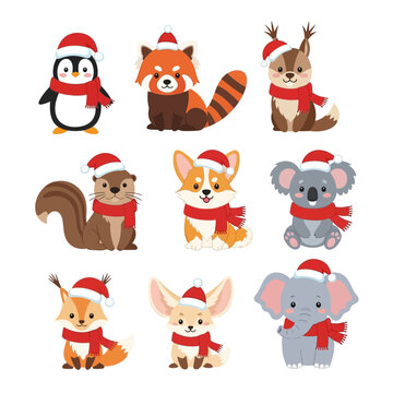 Cute Christmas Animals Collection with Santa Hats and Scarves.