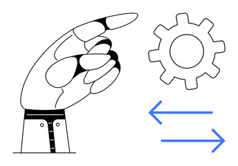 Robotic hand points at gear symbolizing technology, process, and automation with blue arrows representing workflow. Ideal for innovation, manufacturing, efficiency, AI, robotics, process