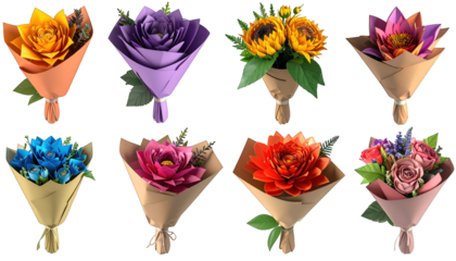 Eight assorted bouquets in paper wrapping, varying colors, against a black background