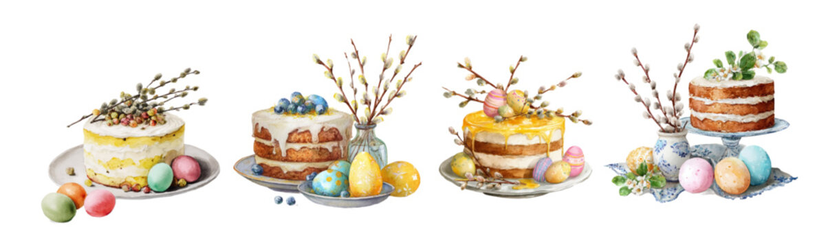 Watercolor set easter cake with colorful eggs and spring willow branches. Festive dessert decoration for holiday greeting cards, banners, and seasonal celebration posters.