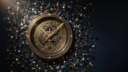 Ornate gold clock with hands at the center, surrounded by glittering black and gold confetti