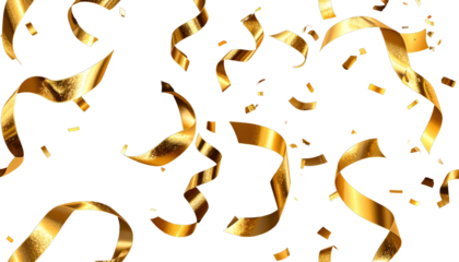 Gold streamers and confetti float against a stark black background
