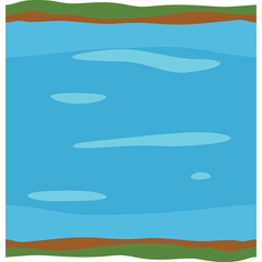 A stylized, simple illustration of a blue body of water with light blue cloud-like shapes floating on the surface and green and brown textured shores on the top and bottom edges of the frame with a