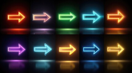 Neon arrows pointing in various directions used in business presentations, digital infographics, and glowing directional graphics for modern tech visuals