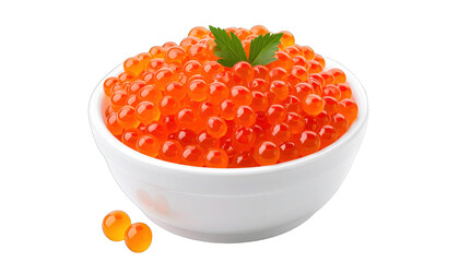 Bowl overflowing with bright orange, translucent spheres, accented by green leaves