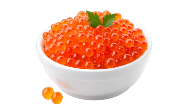 Bowl overflowing with bright orange, translucent spheres, accented by green leaves