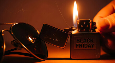 Hand lighting a black friday lighter with burning flame and sunglasses.