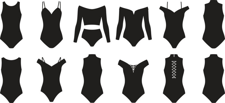 Fashionable silhouettes of various black leotards on white background seamless pattern