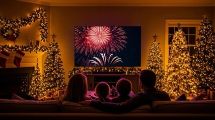 Family watching fireworks christmas new year celebration at home cozy living room with decorated tree glowing warm lights and festive garland creating joyful holiday atmosphere - Powered by Adobe