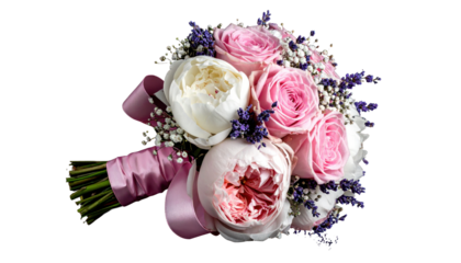 A bridal bouquet with white and pink roses, lavender, and greenery on black