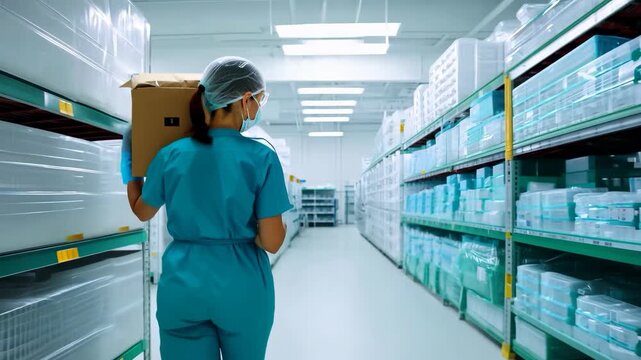 A female worker in a protective uniform and mask walking through a storage aisle carrying a package in a modern warehouse. 4k Video footage.