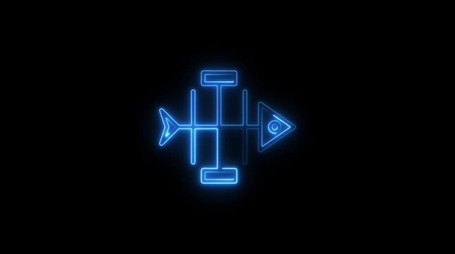 Blue Neon Fishbone Diagram Symbol on Black Background icon abstract