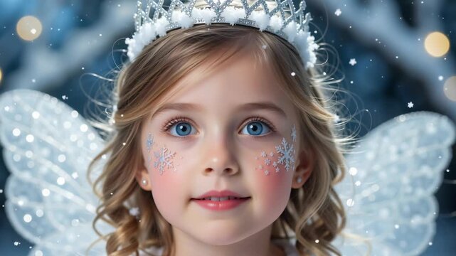 Portrait of a cute girl dressed as a winter fairy smiling and blinking. Child wearing a silver tiara and wings with snowflake face paint. Magical christmas holiday concept