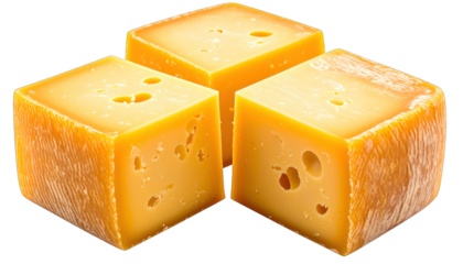 Three vibrant, square cut blocks of cheese, showcasing texture and holes