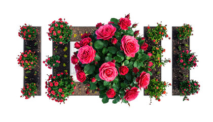 Overhead shot of a doorway framed by flowerbeds, vibrant red roses central