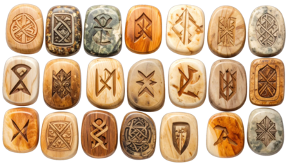 Close-up of twenty-one carved runes in varying materials, organized in rows
