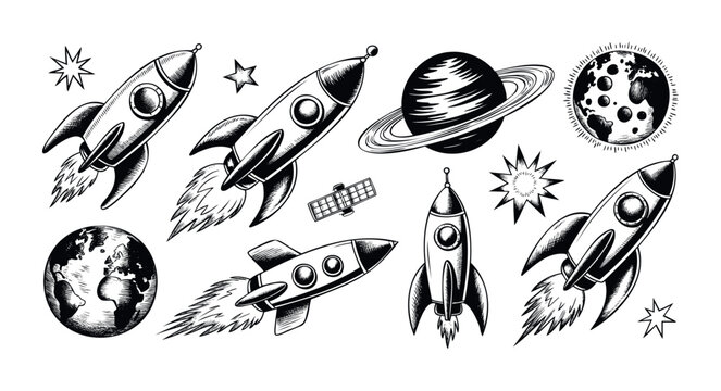 A collection of hand drawn space exploration objects including rockets, planets, stars, and a satellite perfect for science education materials, childrens books, or themed graphic prints - Powered by Adobe