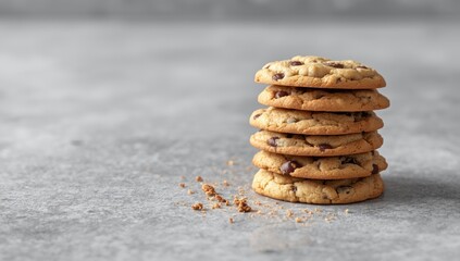Close-up of chocolate chip cookies stacked on a gray table, emphasizing baked goods for breakfast or snack time