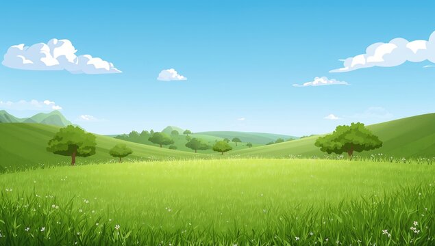 2D cartoon meadow scene with grass and trees, ideal for background layout design on a sunny summer day - Powered by Adobe